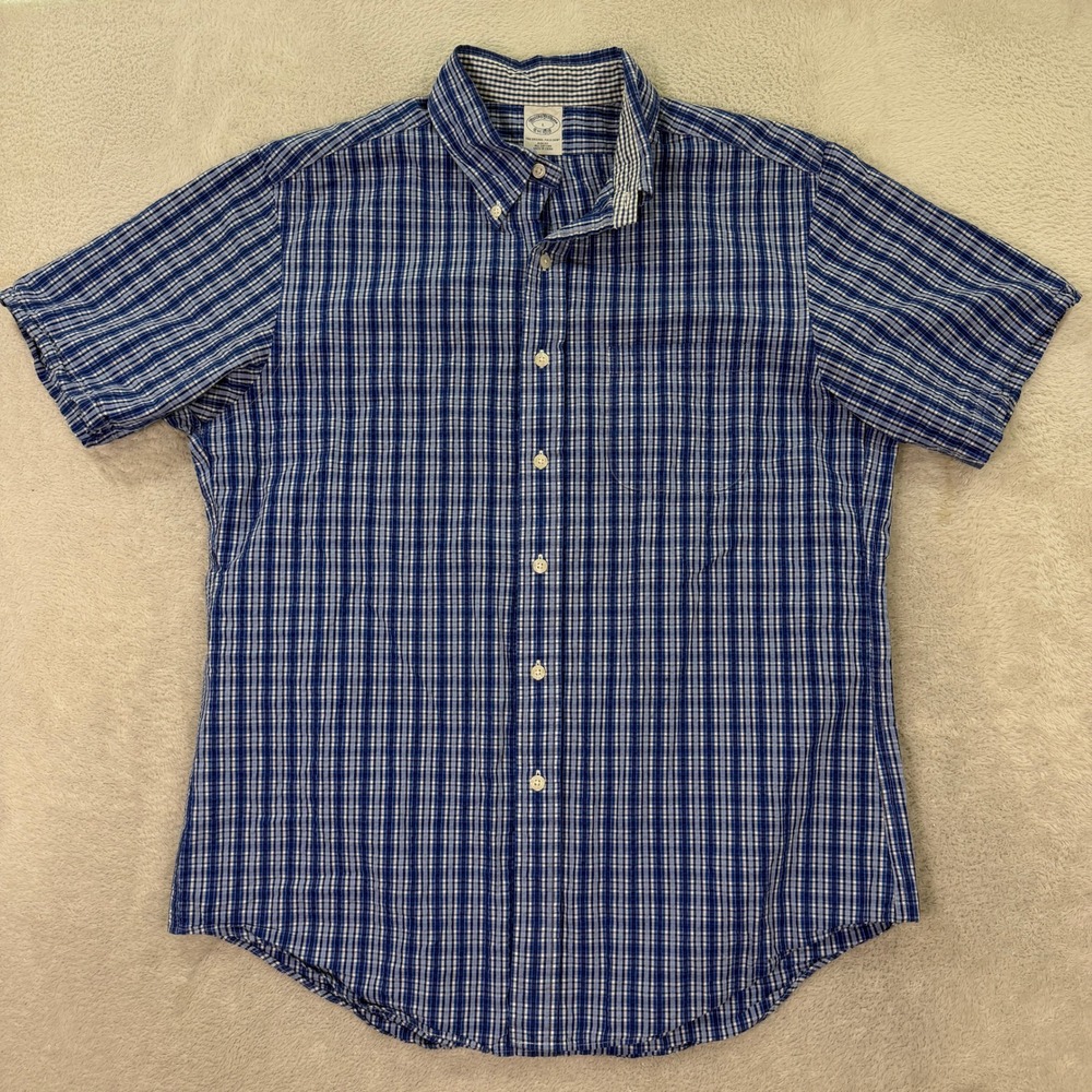Brooks Brothers Mens Large Slim Fit Short Sleeve Button Down Shirt Plaid Cotton